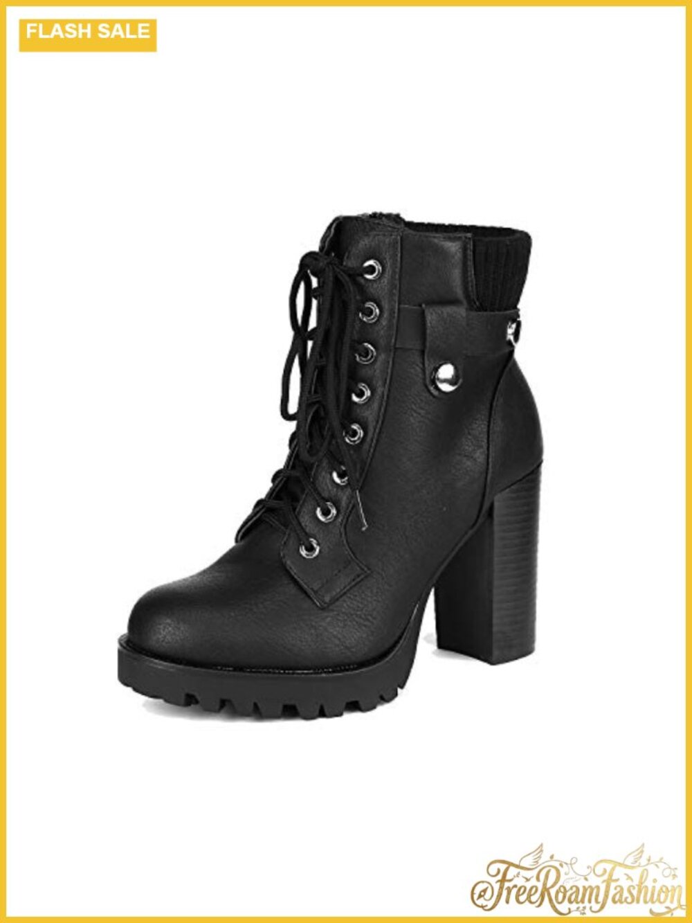 Women's Lace Up Combat Ankle Booties Faux Leather Chunky Heel